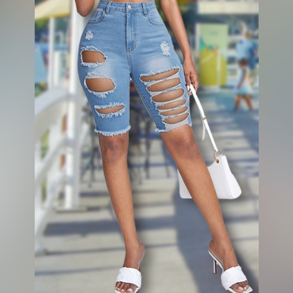 SCOMCHIC Bermuda Shorts Ripped Hole Knee Length Stretch Jean for Women